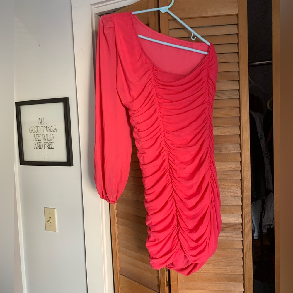 Anrabess sexy bodycon one sleeve Pink Ruched mini Dress sz Large